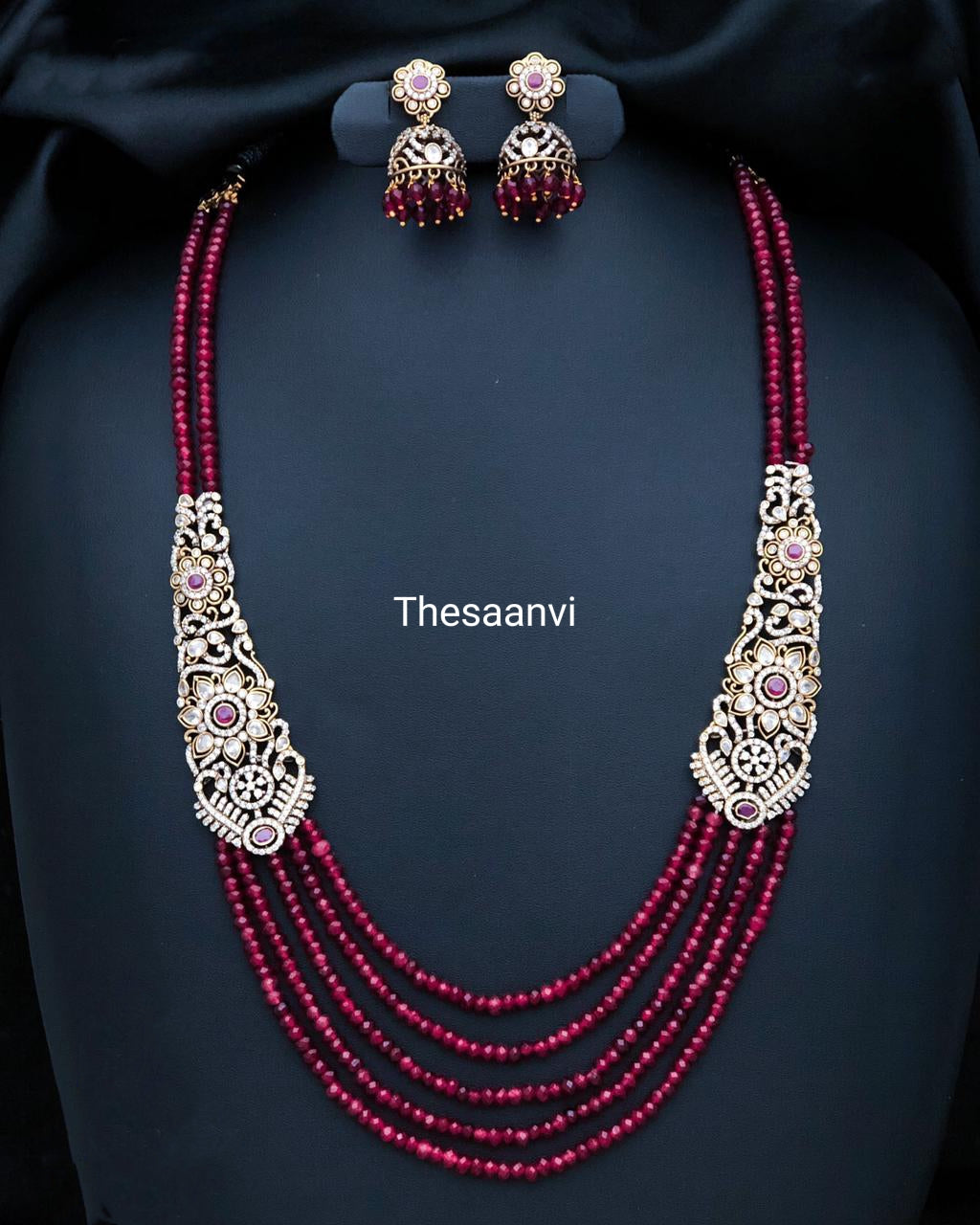 RUBY BEADS WITH WHITE AD STONE HARAM SET
