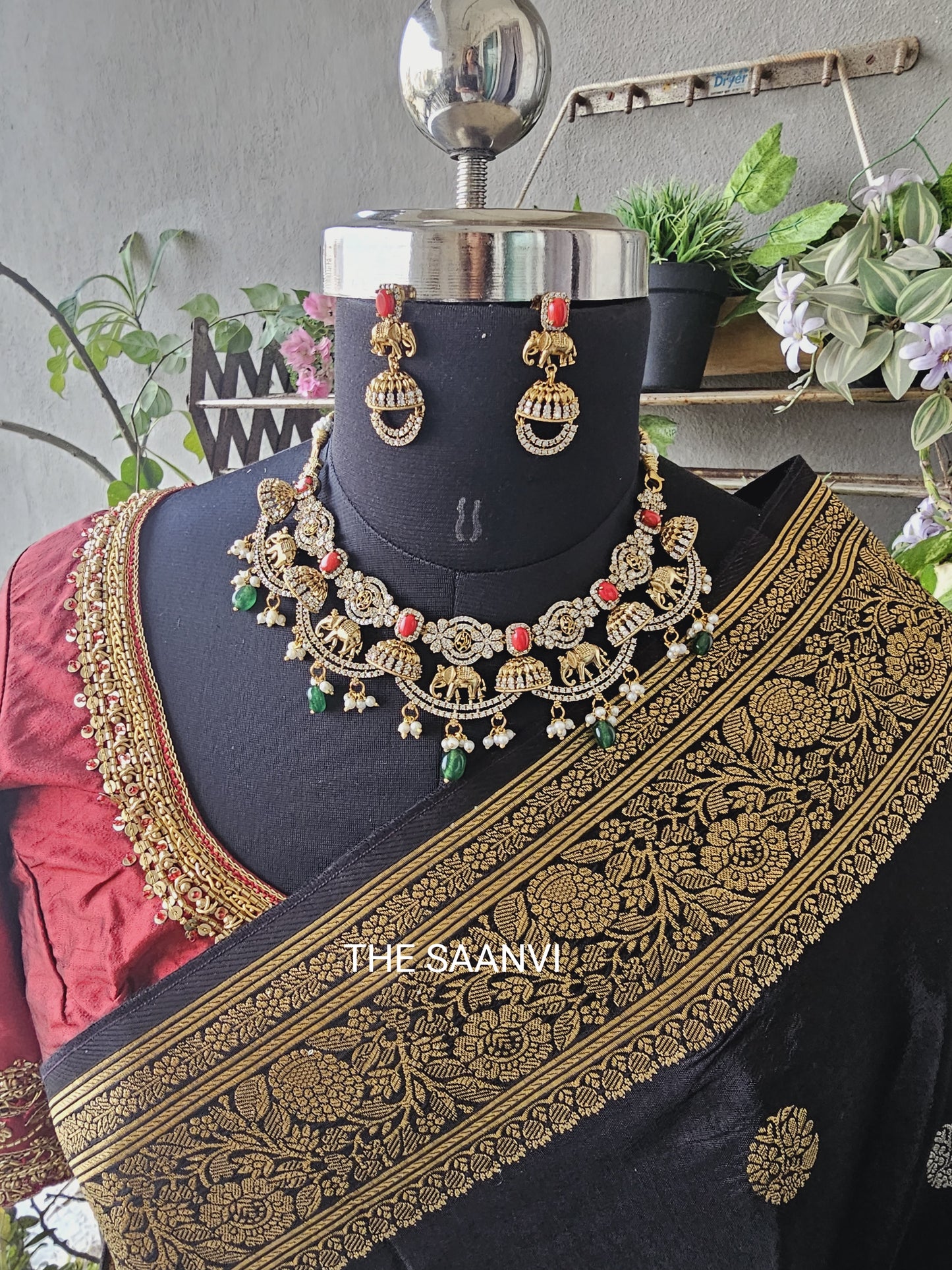 VINAYA AMERICAN DIAMOND CORAL STONE NECKLACE SET