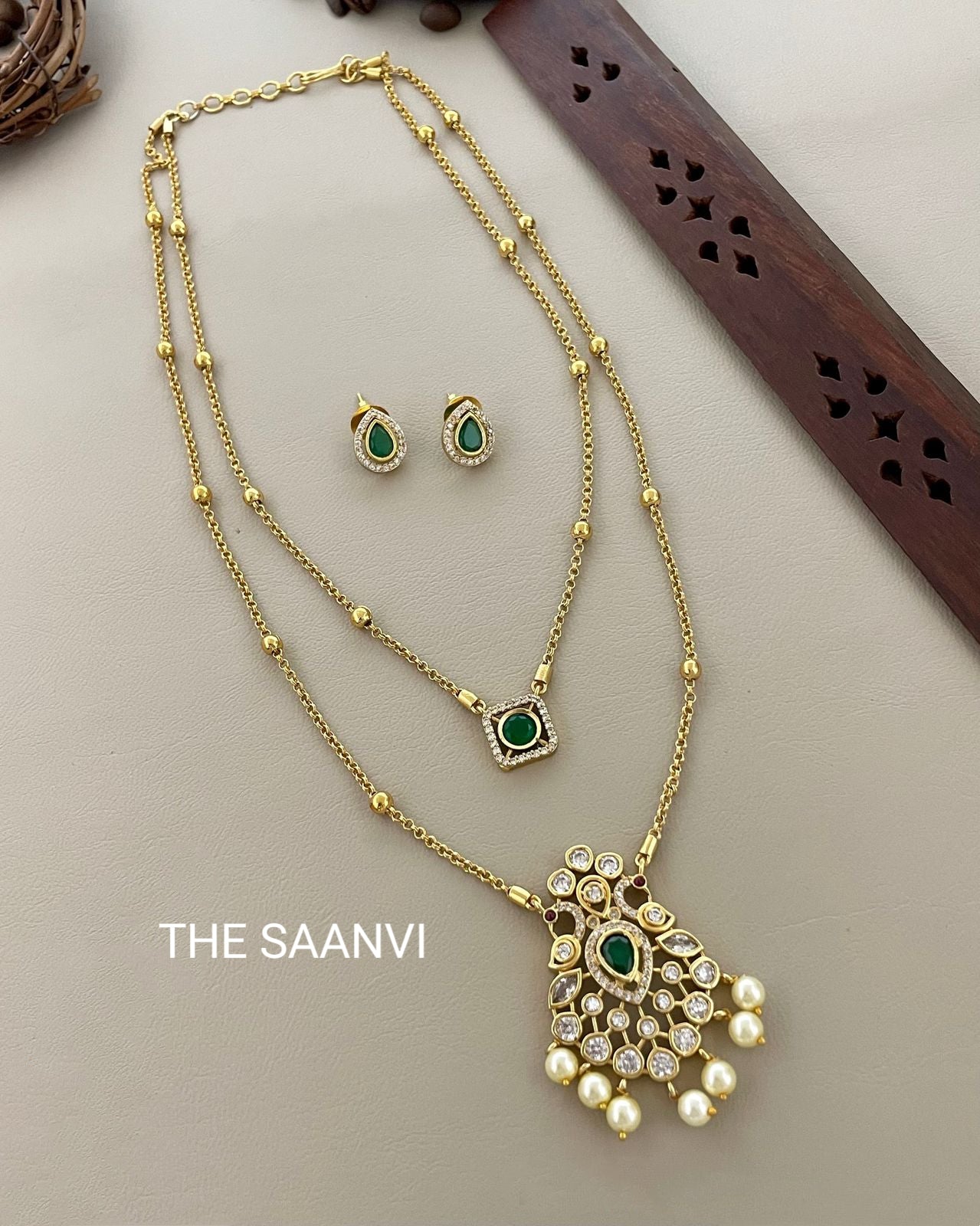 KUNDAN PEACOCK DESIGN TWO LAYER CHAIN SET(GREEN)