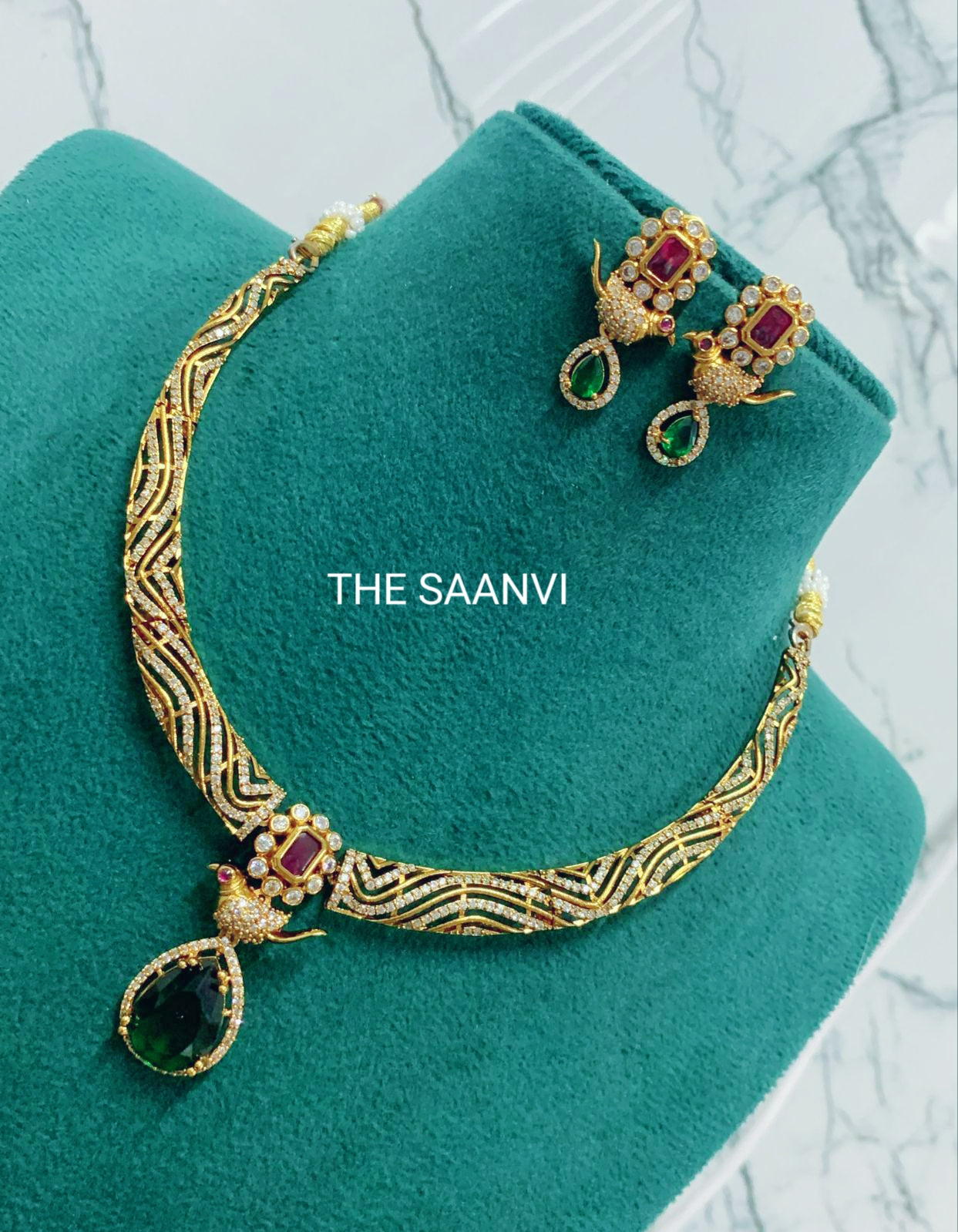 CHAARVI RUBY EMERALD AD STONE NECKLACE SET