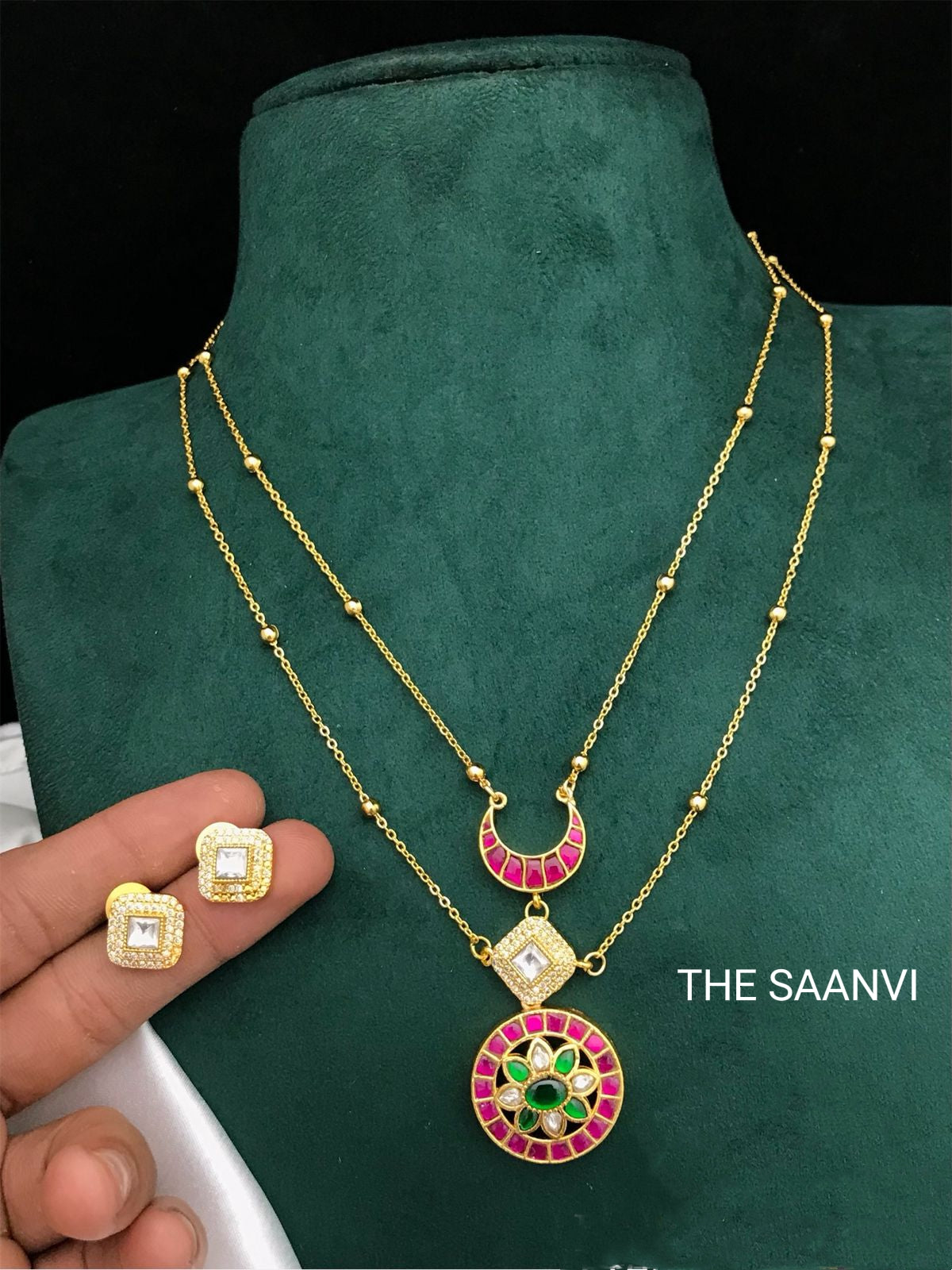 TWO LAYER KUNDAN KEMPSTONE CHAIN SET( MID-LENGTH)