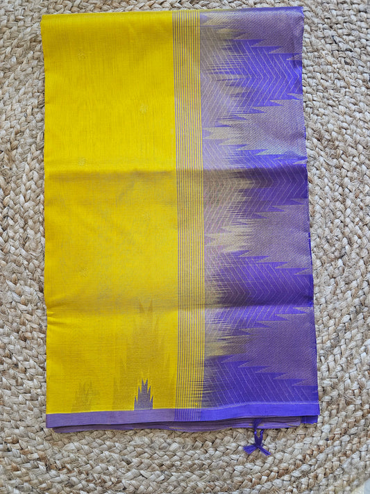 YELLOW WITH ROYAL BLUE TEMPLE DESIGN SILK COTTON SAREE