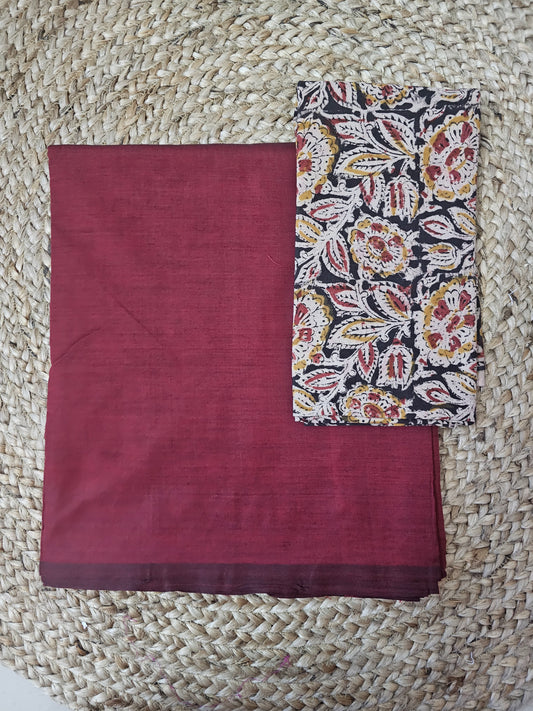 MAROON PLAIN POLY COTTON SAREE WITH ADDITIONAL KALAMKARI BLOUSE