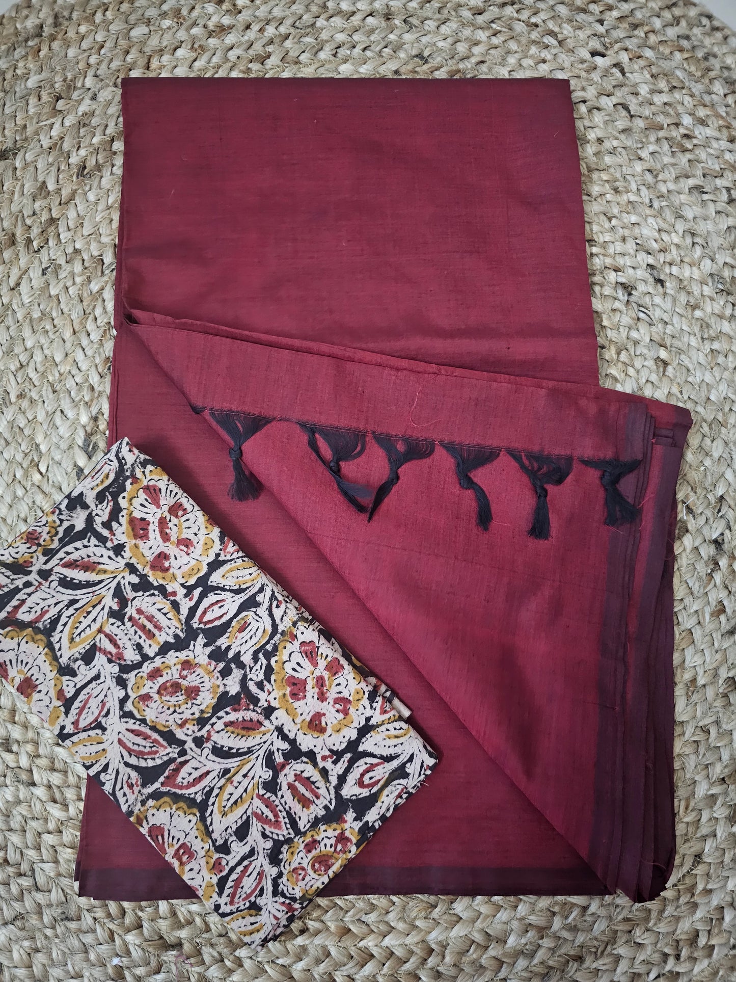 MAROON PLAIN POLY COTTON SAREE WITH ADDITIONAL KALAMKARI BLOUSE