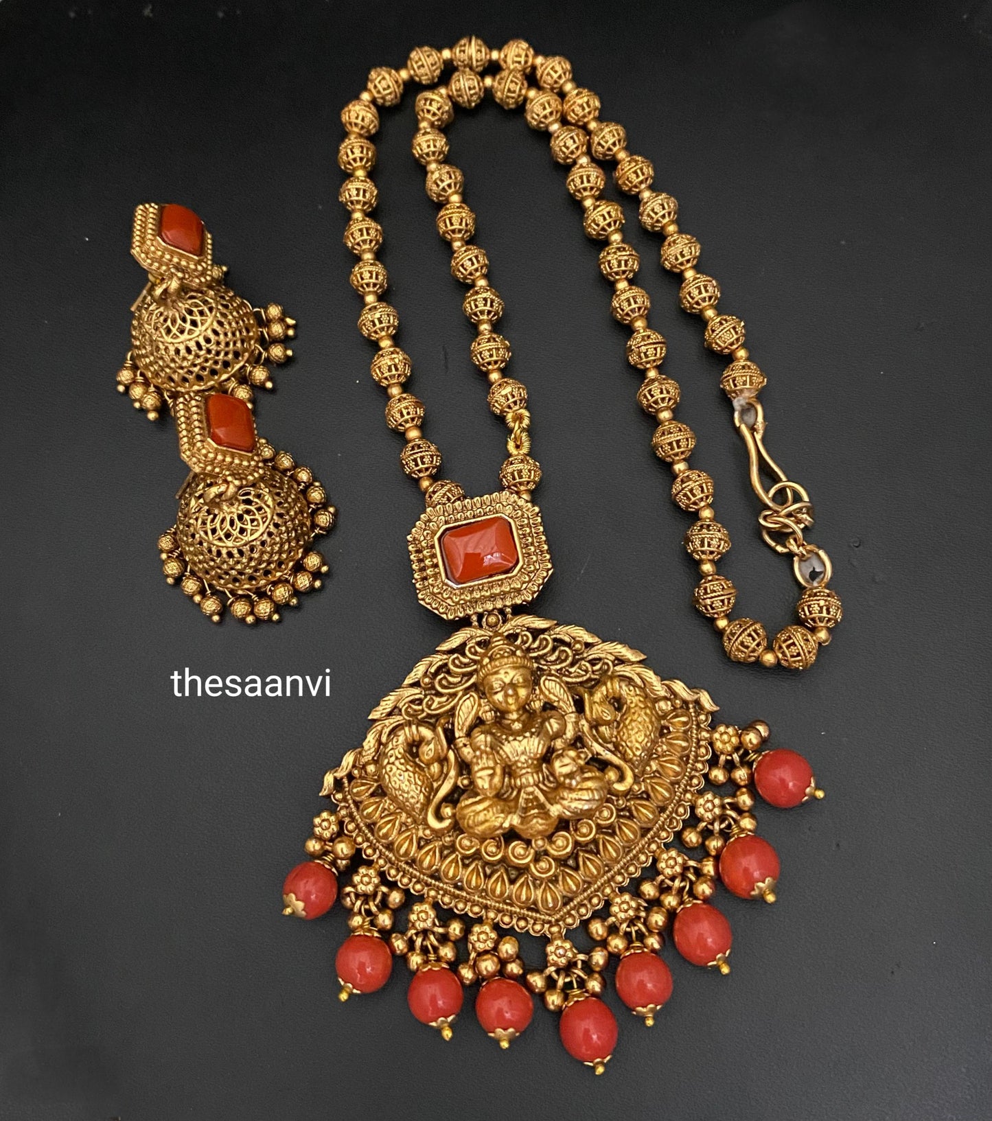 CORAL BEADED LAKSHMI PEACOCK CHAIN