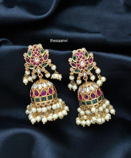 LOTUS AD STONE JHUMKA WITH PEARL DROPS