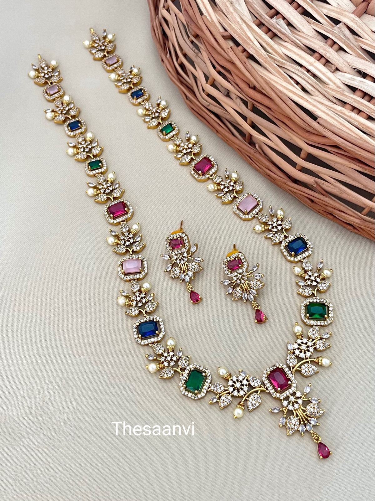 AMERICAN DIAMOND MULTICOLOURED STONE HARAM SET