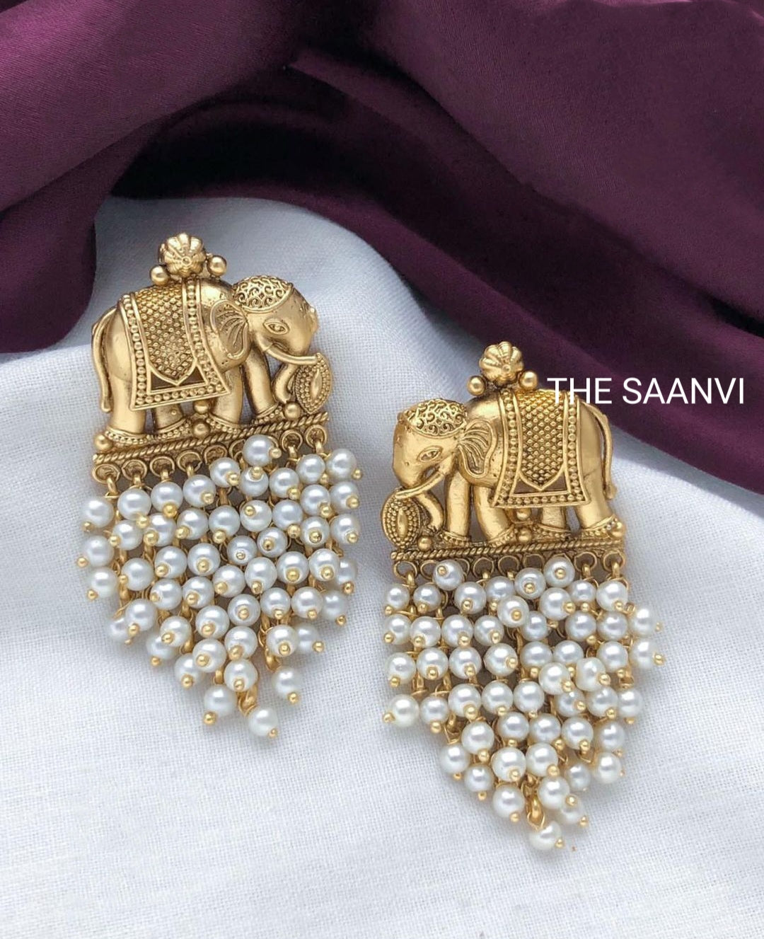 ELEPHANT DESIGN EARRINGS WITH CLUSTER PEARLS