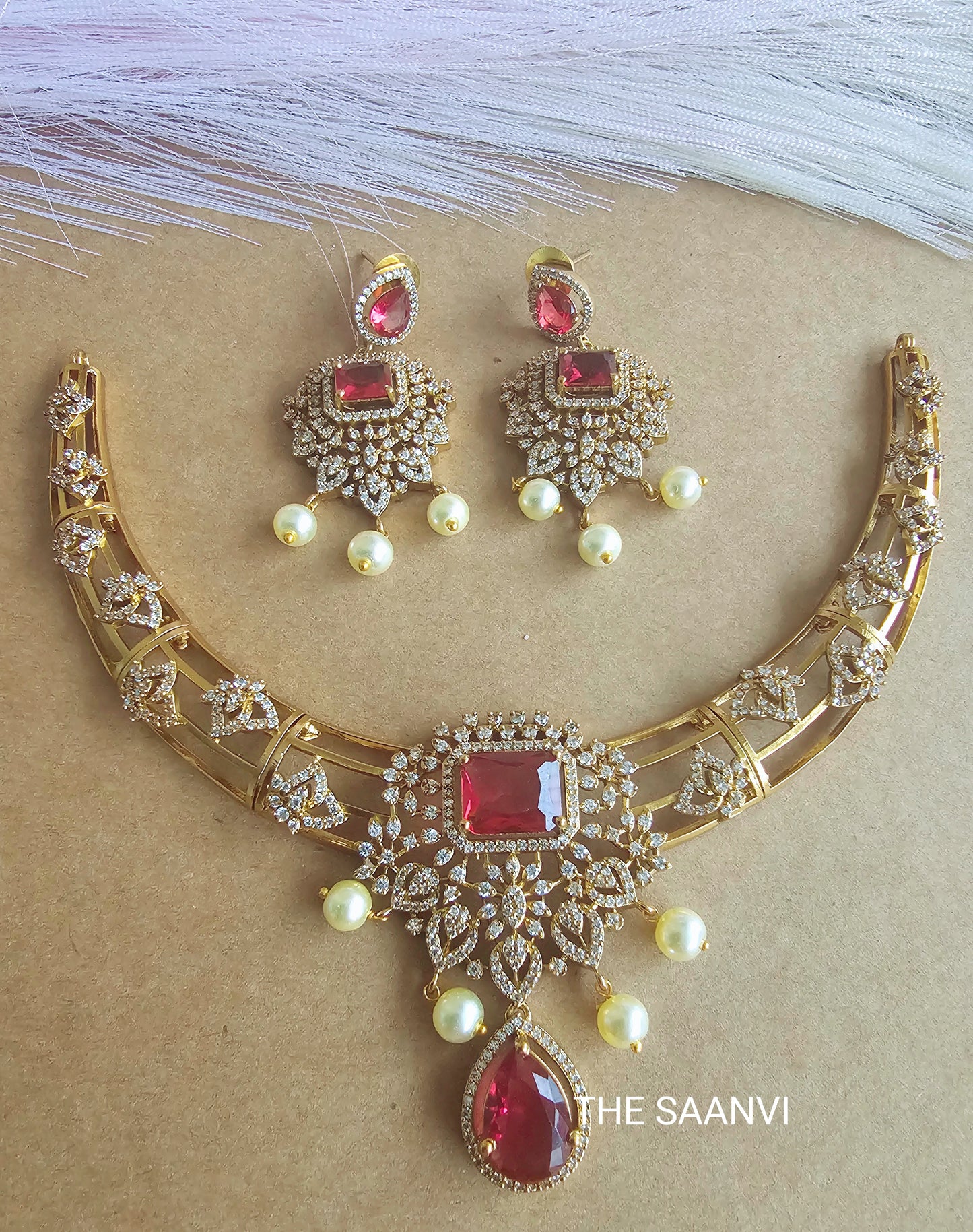 AMERICAN DIAMOND STONE NECKLACE SET WITH PEARL DROPS