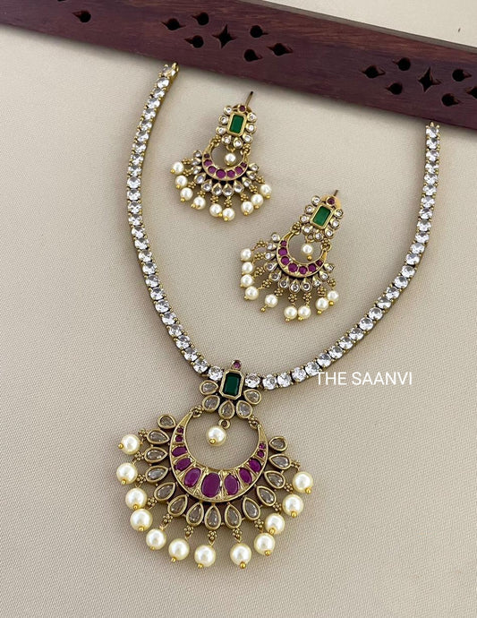 AMERICAN DIAMOND STONE ADIGAI WITH PEARL DROPS