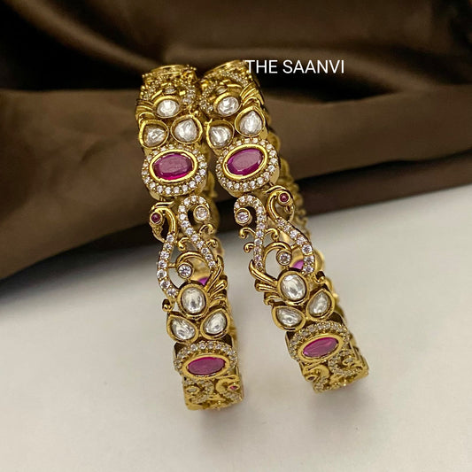 KUNDAN WHITE AND RED STONE BANGLE SET