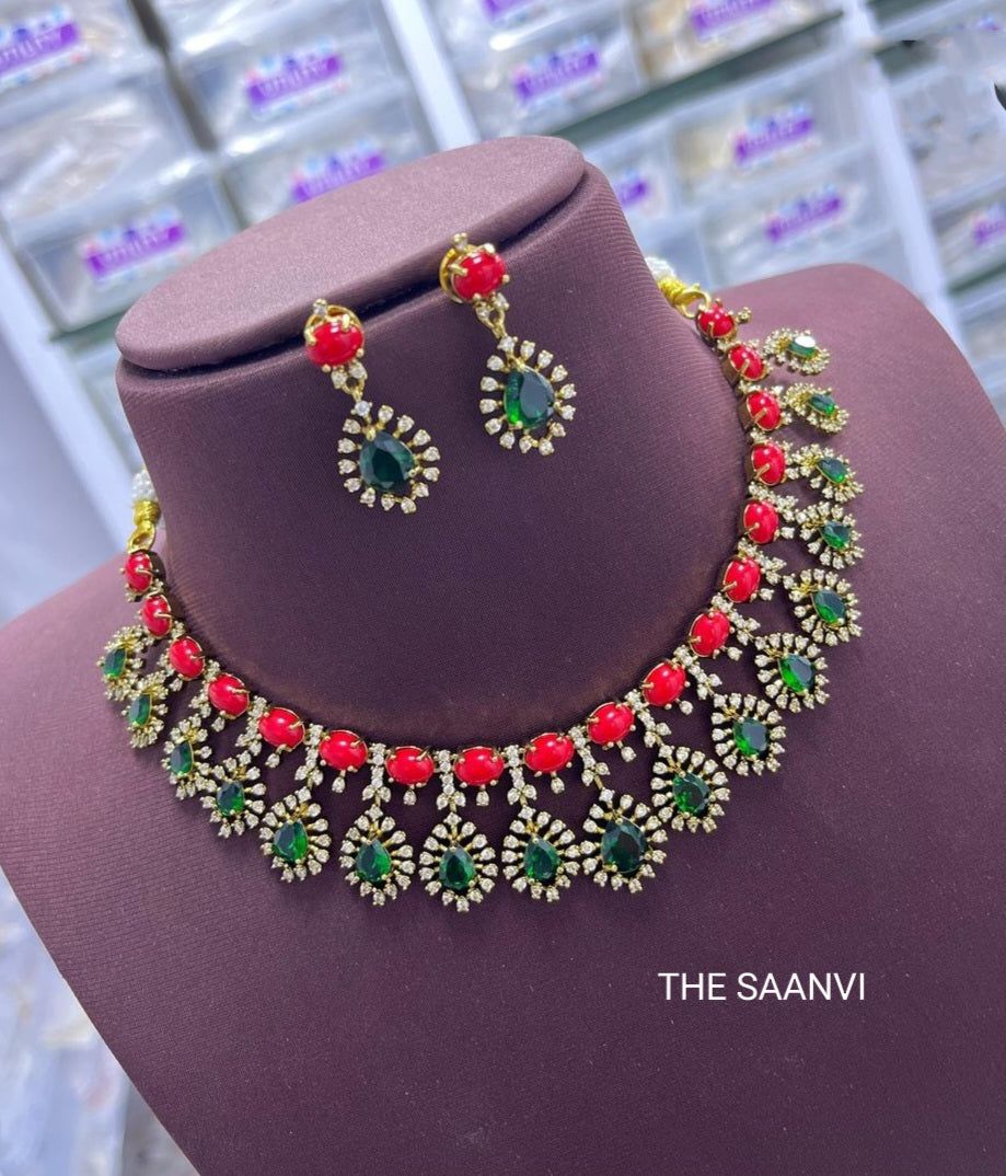 CORAL & EMERALD STONE PREMIUM NECKLACE SET ( SIZE BIG))