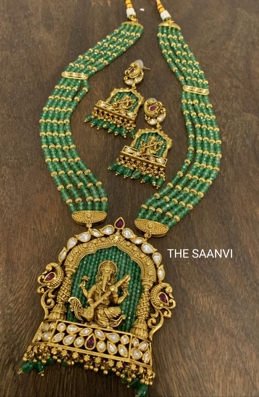 PREMIUM GAJA ANTIQUE  BEADED HARAM SET  WITH KUNDAN STONES