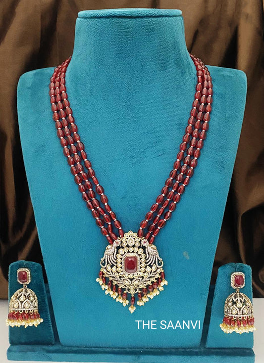 KAYA VICTORIAN DIAMOND KUNDAN RED BEADED HARAM SET