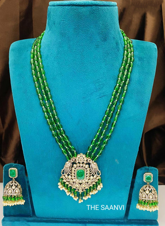 KAYA VICTORIAN DIAMOND KUNDAN GREEN BEADED HARAM SET