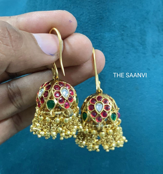 HOOK KEMPSTONE JHUMKA WITH GOLD BEADS