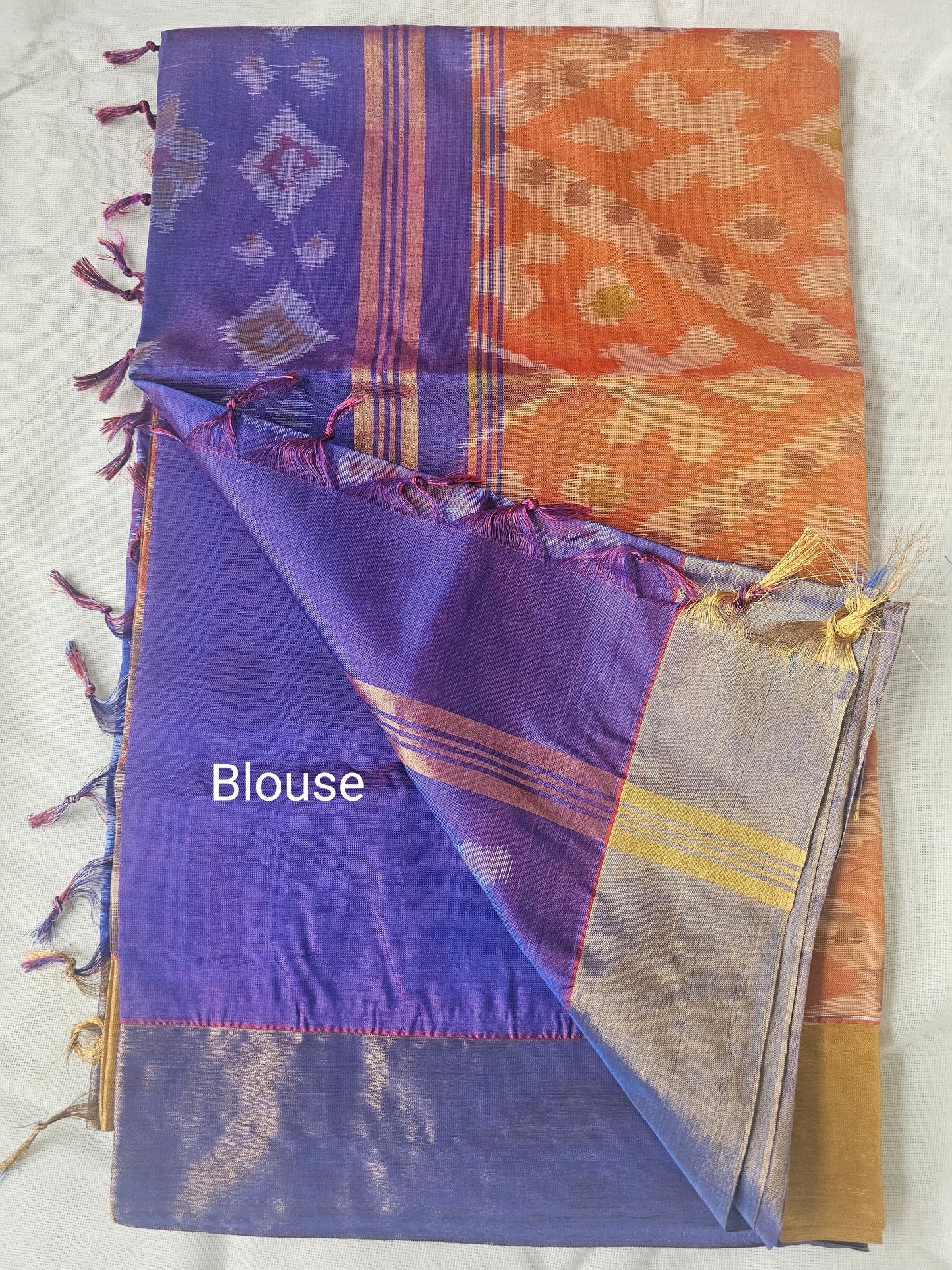ORANGE &ROYAL BLUE POCHAMPALLI SEMI SILK COTTON SAREE