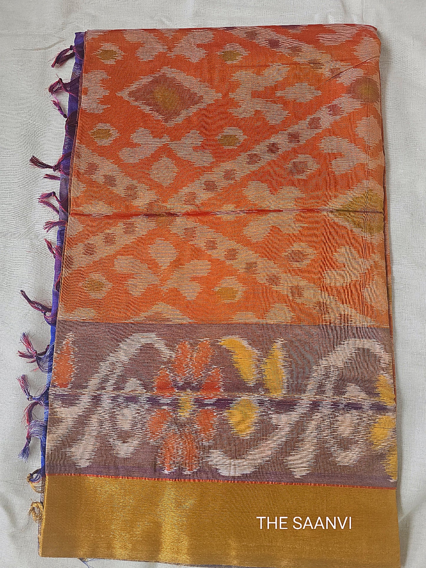 ORANGE &ROYAL BLUE POCHAMPALLI SEMI SILK COTTON SAREE