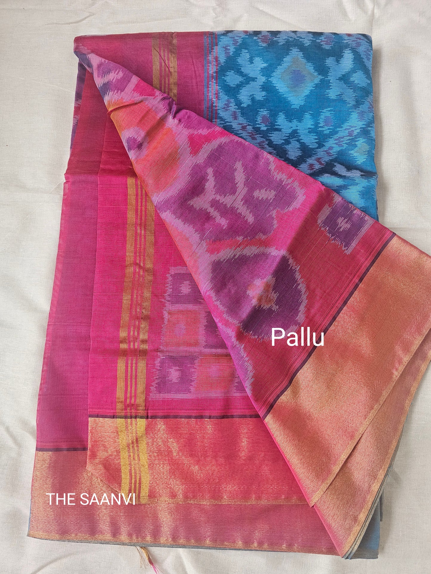 BLUE &PINK POCHAMPALLI SEMI SILK COTTON SAREE
