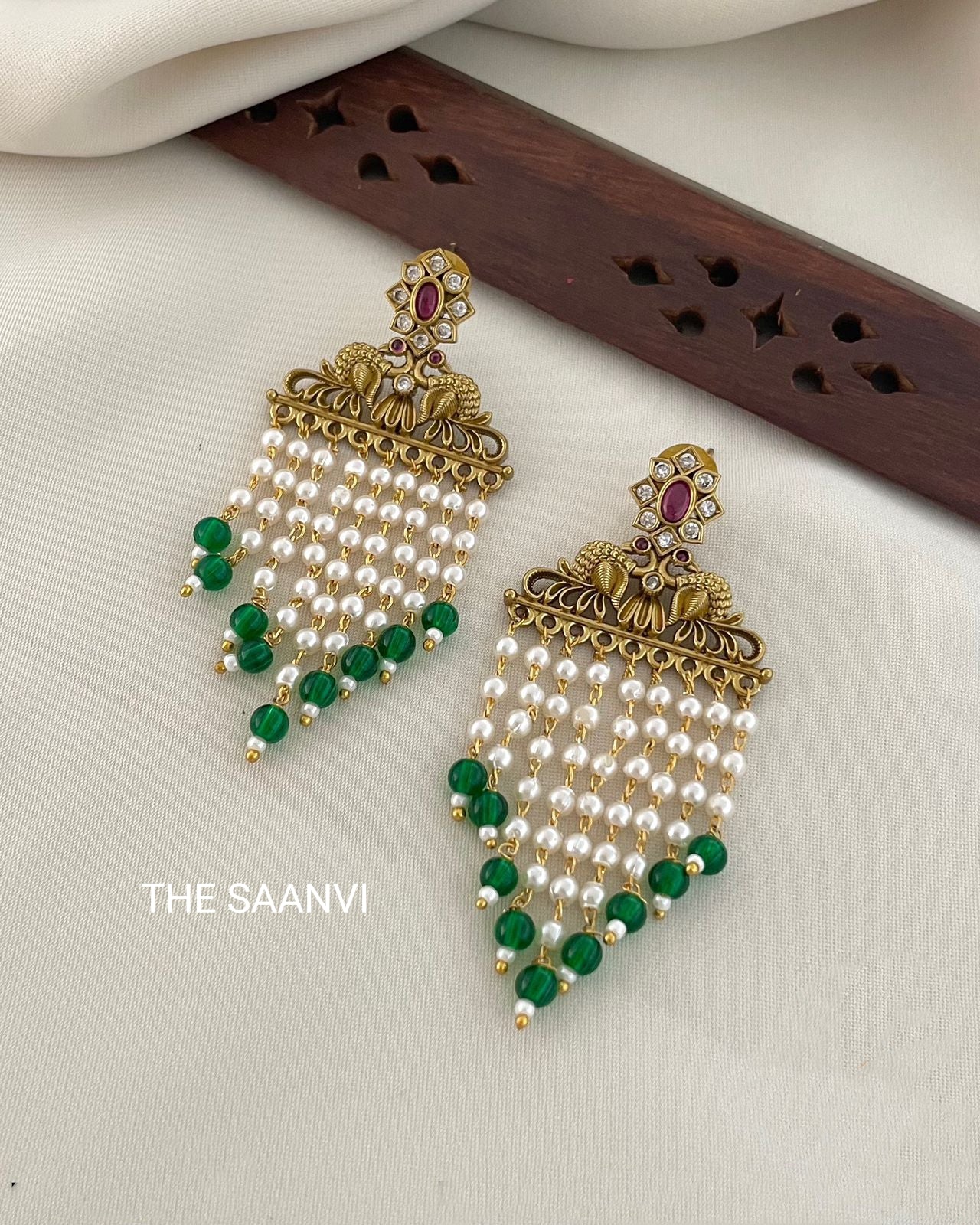 DESIGNER PEARL DROP WITH GREEN BEADS EARRINGS