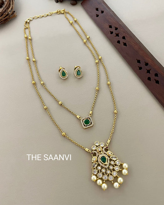 KUNDAN PEACOCK DESIGN TWO LAYER CHAIN SET(GREEN)