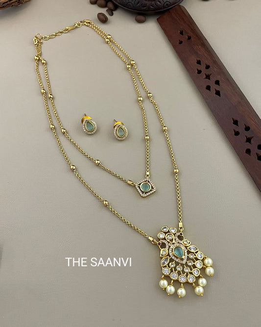 KUNDAN PEACOCK DESIGN TWO LAYER CHAIN SET (BLUE)
