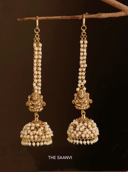 CLUSTER PEARL JHUMKAS WITH ATTACHED EARCHAIN