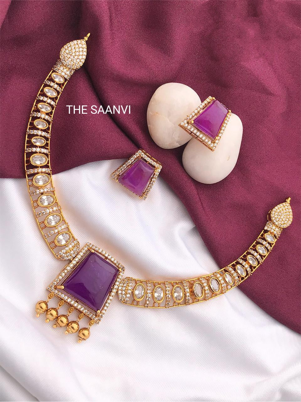 VIDHYA DESIGNER PURPLE STONE NECKLACE SET