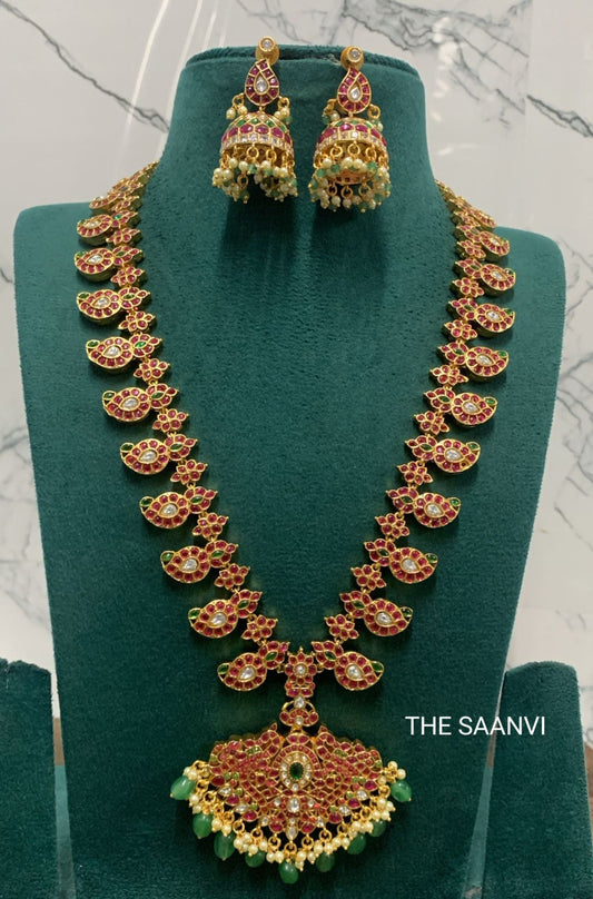 MANJARI TWO IN ONE PREMIUM KEMPSTONE HARAM SET ( RED- GREEN & WHITE STONE )
