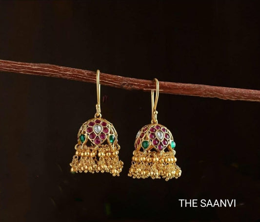 HOOK KEMPSTONE JHUMKA WITH GOLD BEADS