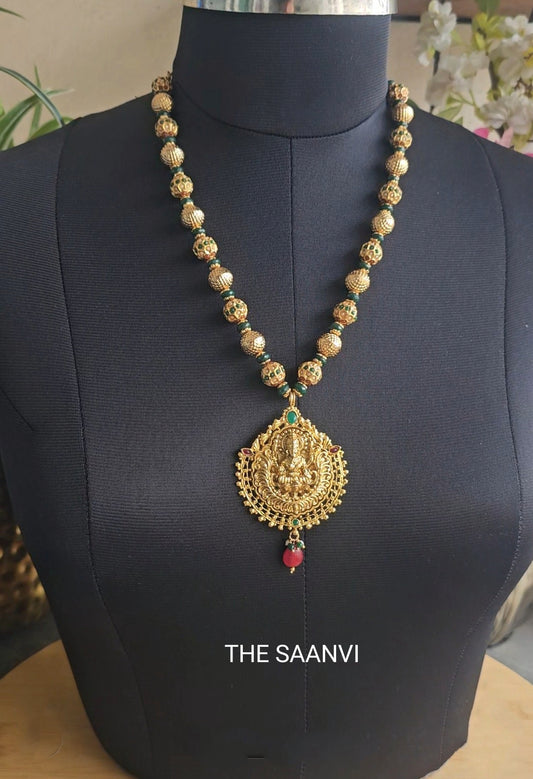 SILVER REPLICA LAKSHMI PENDANT BALL CHAIN ( WITHOUT EARRINGS)