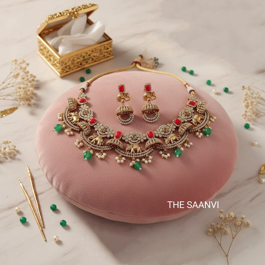 VINAYA AMERICAN DIAMOND CORAL STONE NECKLACE SET