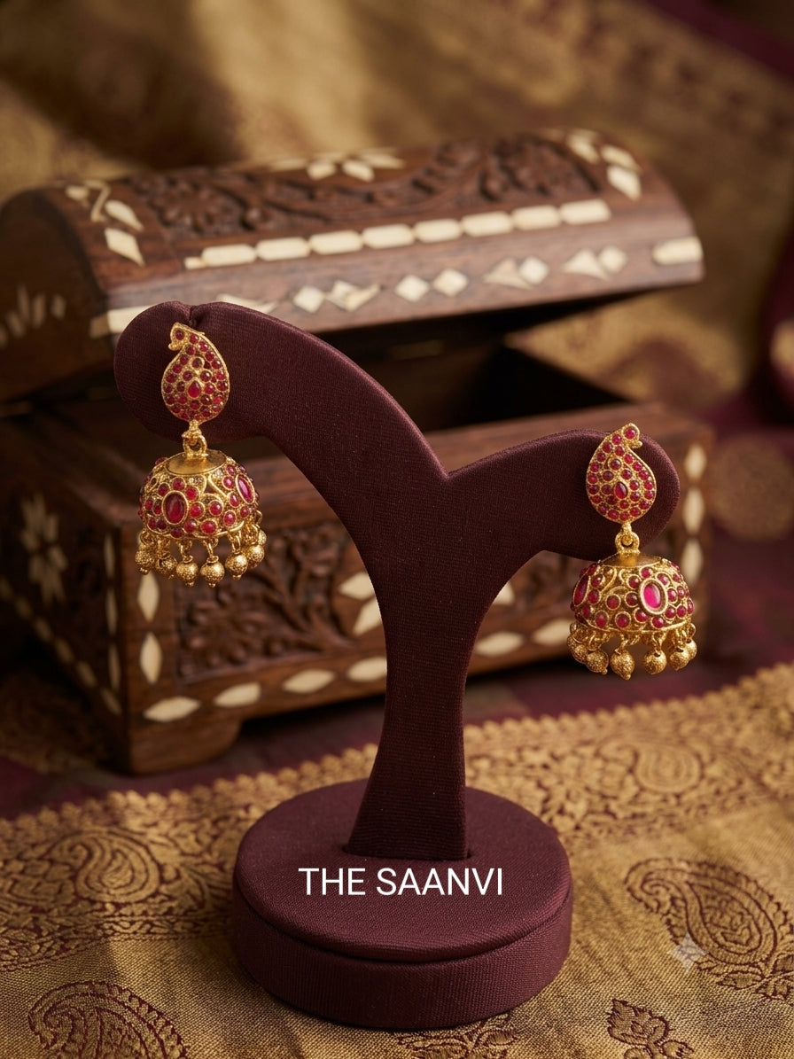 TRADITIONAL PEACOCK DESIGN RED STONE JHUMKA