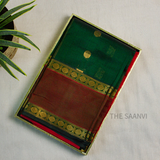 GREEN WITH CHILLI RED RETTA PADA BORDER SILK COTTON SAREE