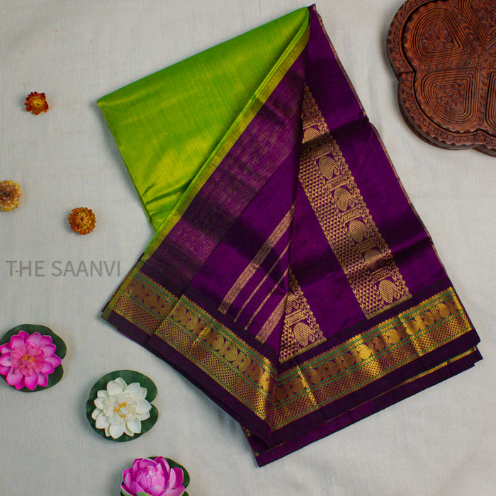 GREEN WITH PURPLE KOARVAI SILK COTTON SAREE