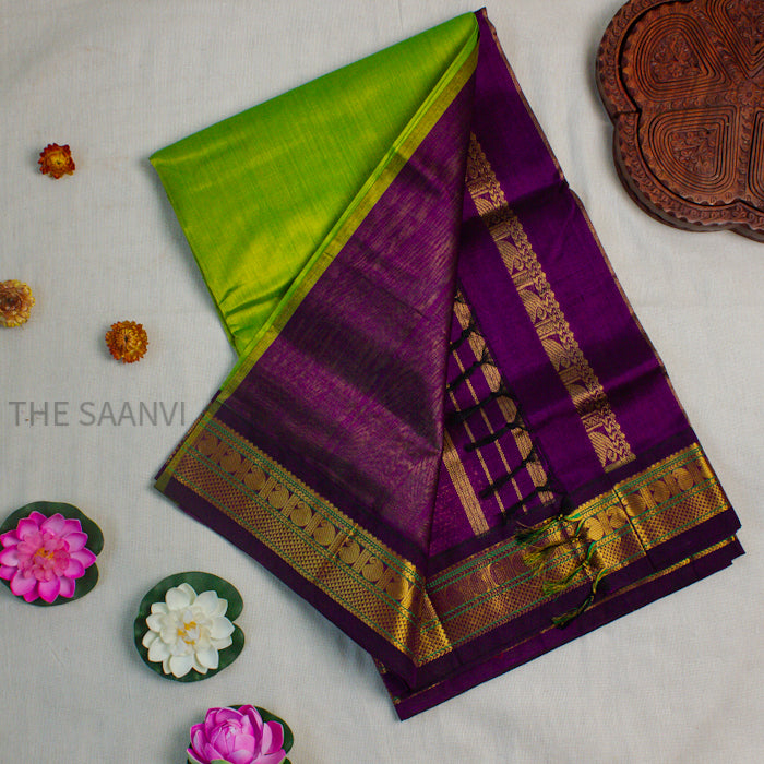 GREEN WITH PURPLE KOARVAI SILK COTTON SAREE