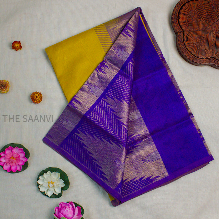YELLOW WITH ROYAL BLUE TEMPLE DESIGN SILK COTTON SAREE