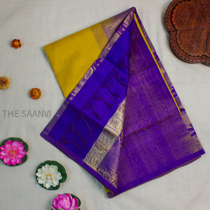 YELLOW WITH ROYAL BLUE TEMPLE DESIGN SILK COTTON SAREE