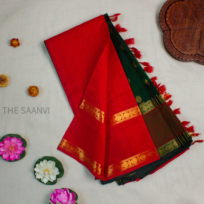 GREEN WITH CHILLI RED RETTA PADA BORDER SILK COTTON SAREE