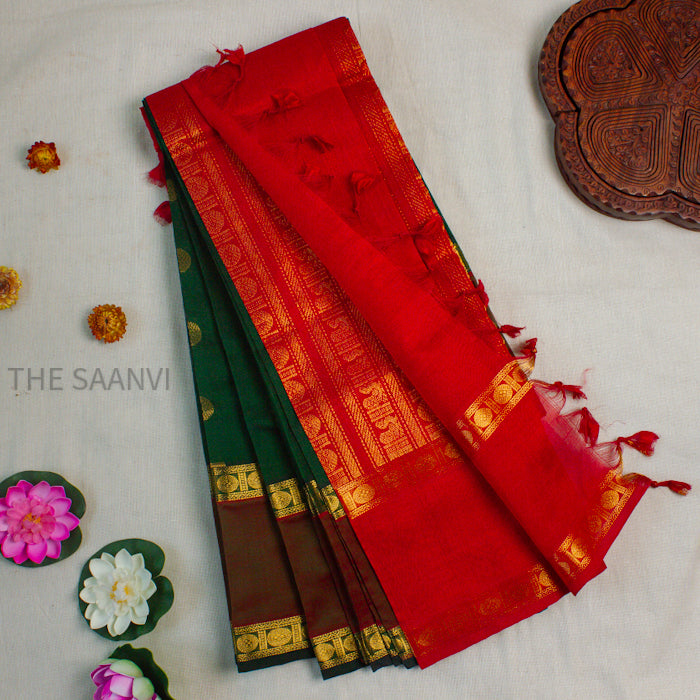 GREEN WITH CHILLI RED RETTA PADA BORDER SILK COTTON SAREE