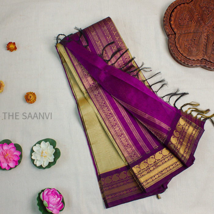 BEIGE WITH PURPLE KOARVAI SILK COTTON SAREE